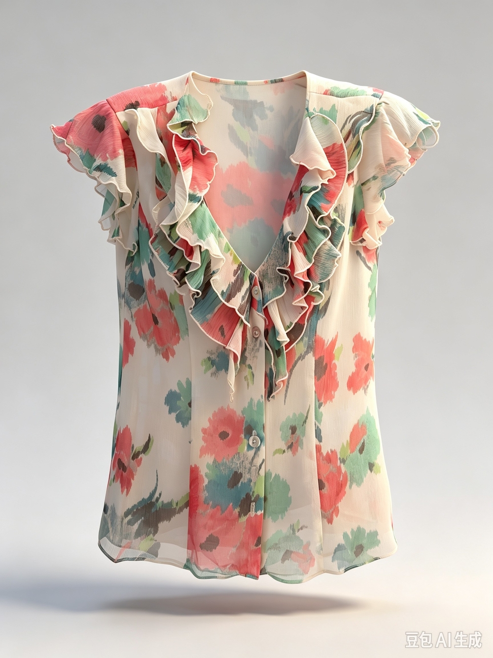 Nanette Lepore Floral Ruffle V-Neck Blouse - Cream with Coral & Mint